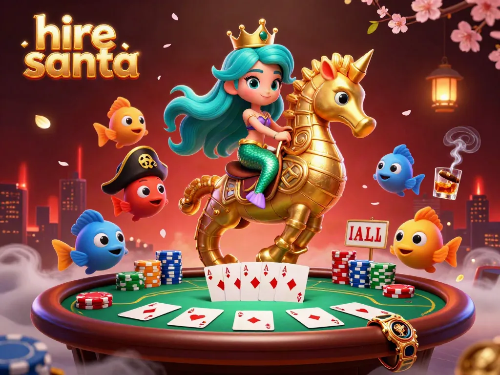 Engage with hire santa in a vibrant casino scene featuring animated mermaid and seahorse, poker tables, and colorful chips.