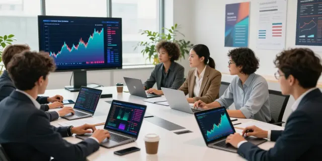 Team analyzing financial data at a conference table with FintechZoom.com insights.