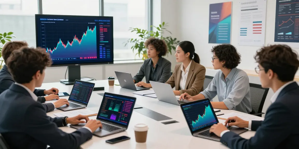 Team analyzing financial data at a conference table with FintechZoom.com insights.