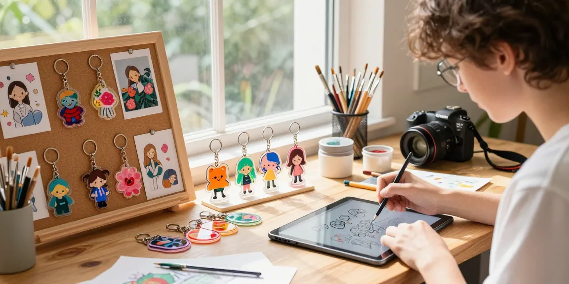 Custom acrylic keychain designs displayed in a vibrant artist's workspace.