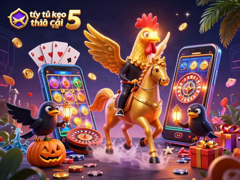 Engage with tỷ lệ kèo nhà cái 5 in a vibrant casino scene featuring a golden rooster and gaming elements.