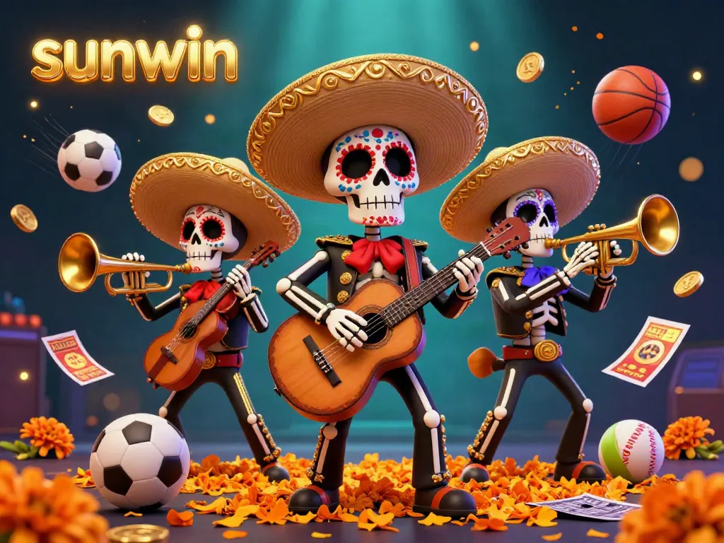 Experience exhilarating wins at sunwin with vibrant mariachi skeleton characters celebrating in a colorful casino scene.