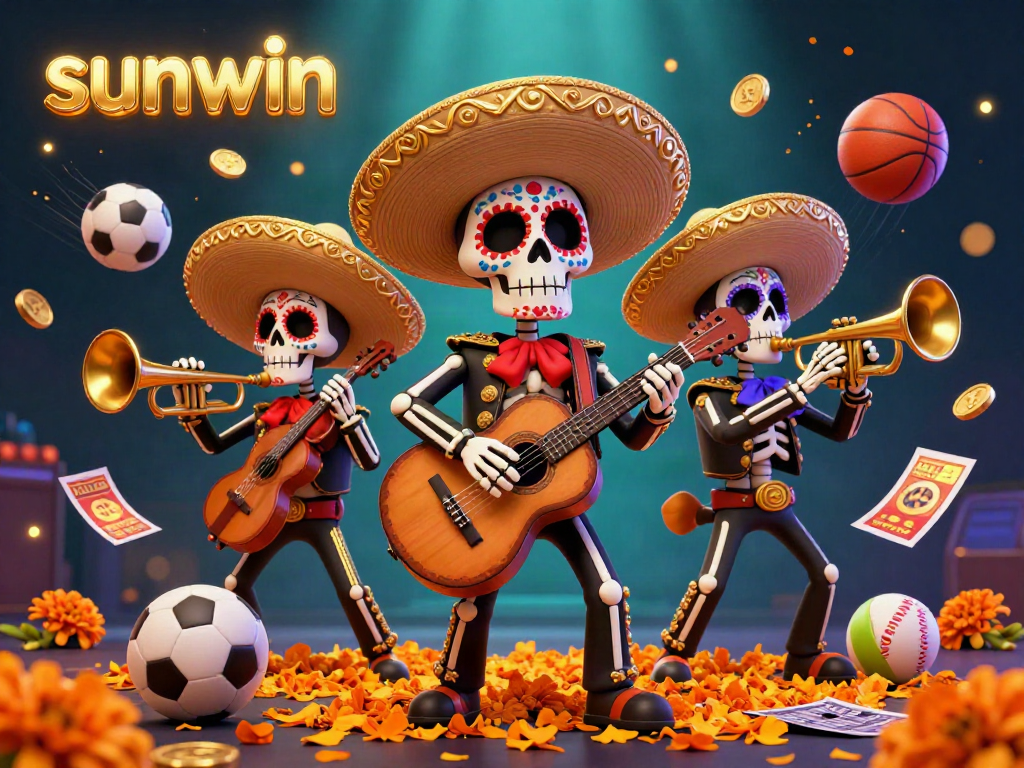 Experience exhilarating wins at sunwin with vibrant mariachi skeleton characters celebrating in a colorful casino scene.