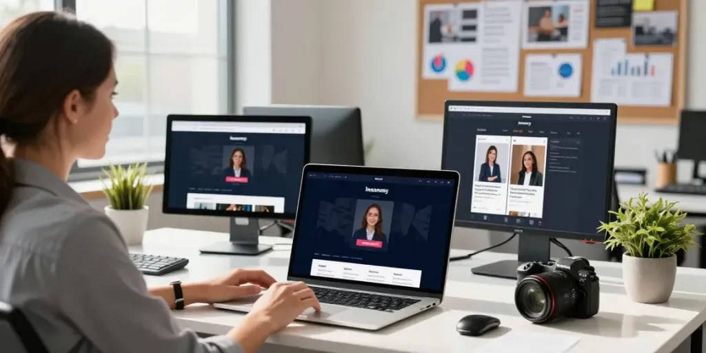 Professional workspace showcasing Insanony tools for viewing Instagram stories anonymously.