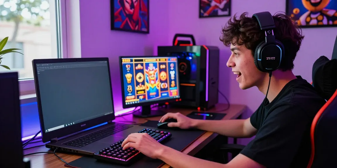 Permainan Slot777 online yang mengasyikkan dengan pemain muda bersemangat dalam suasana gaming yang ceria.