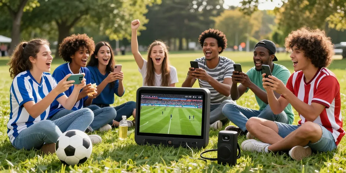 Group of friends enjoying live football match outdoors, part of source experience.