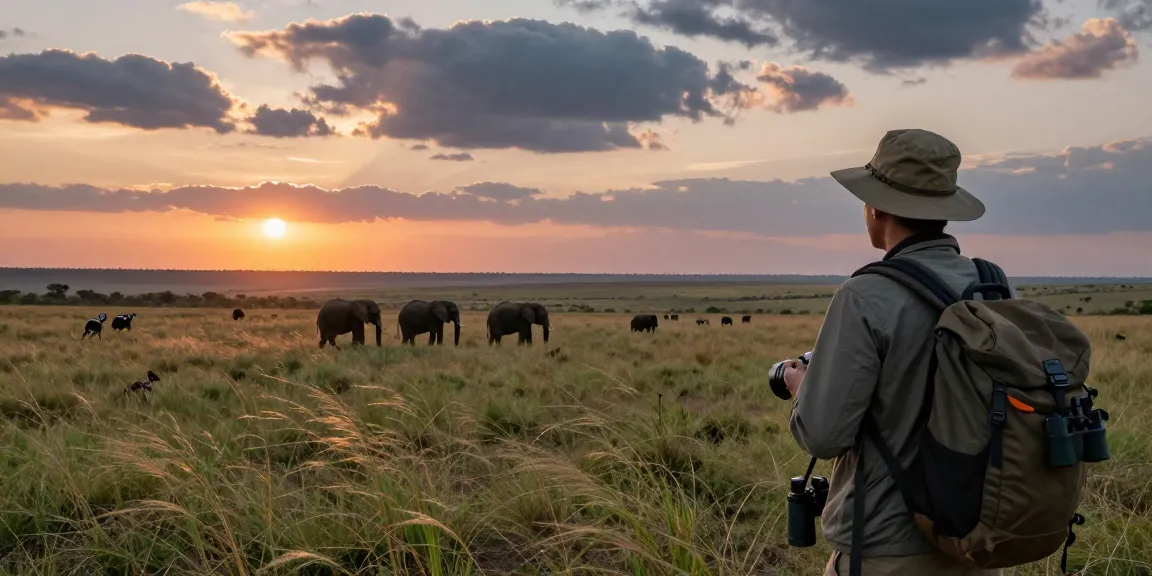 NAGA2000 traveler enjoying sunset view over Kidepo Valley National Park with elephants in the savanna.