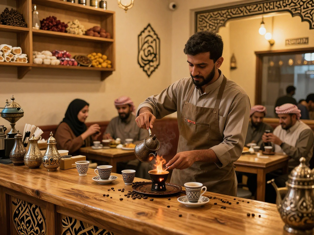 قهوجي الرياض يقدم القهوة العربية اللذيذة في مقهى تقليدي