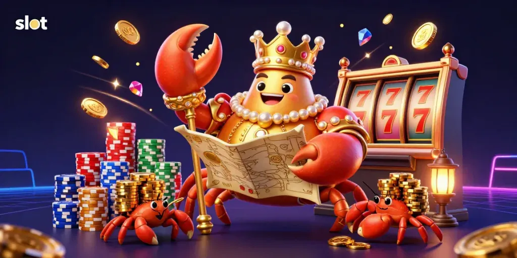 Spin the slot machine reels in a vibrant casino scene with a golden crab emperor and treasures.