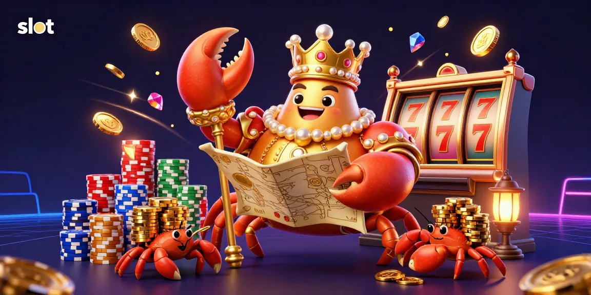 Spin the slot machine reels in a vibrant casino scene with a golden crab emperor and treasures.