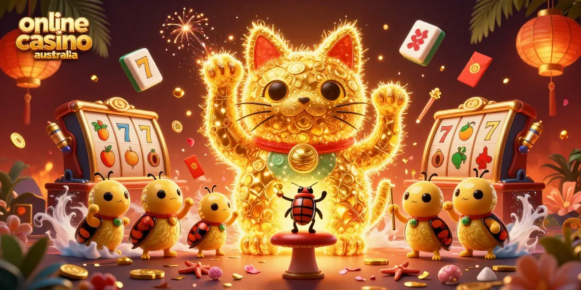 Engage in the vibrant world of online casino Australia with a dazzling scene of lucky charms and casino excitement.