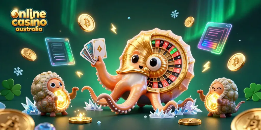 Engage in the vibrant online casino Australia experience, featuring glowing crypto coins and an ancient nautilus in action.