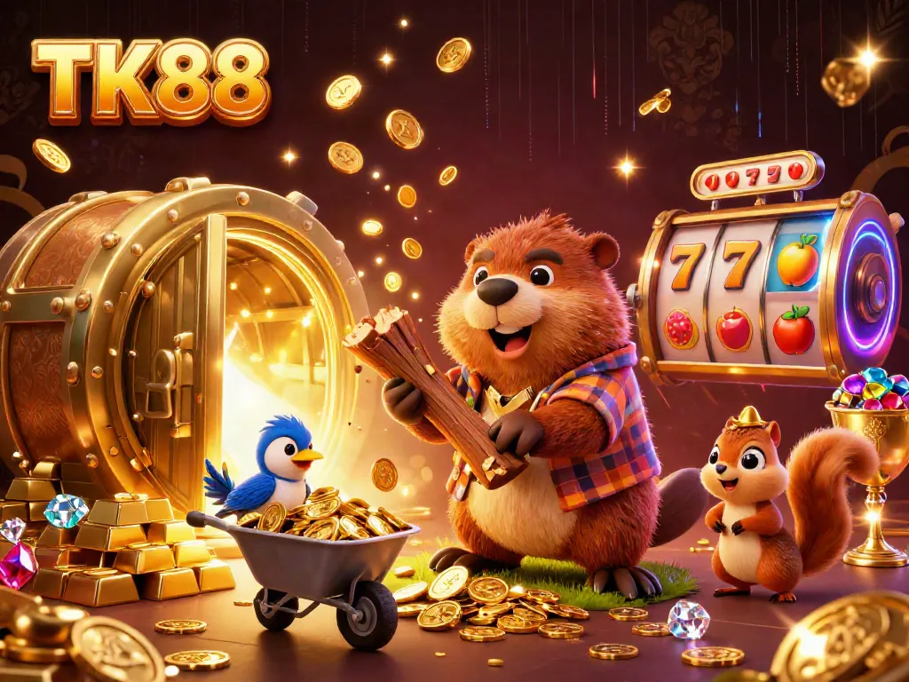 Experience TK88's vibrant online gaming scene with a beaver earning golden coins in a dynamic casino setting.