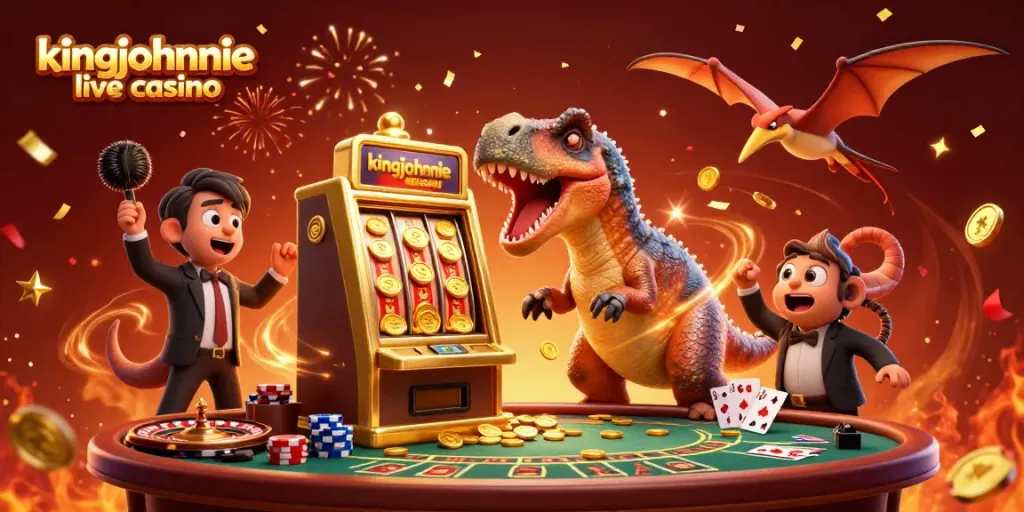 Immerse in the excitement of kingjohnnie live casino with lively characters celebrating a jackpot.