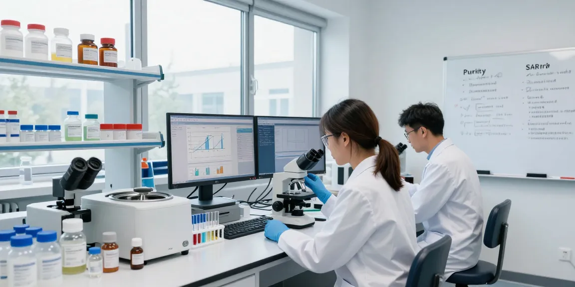 SwissChems scientists conducting research on high purity peptides and SARMs in a bright laboratory.