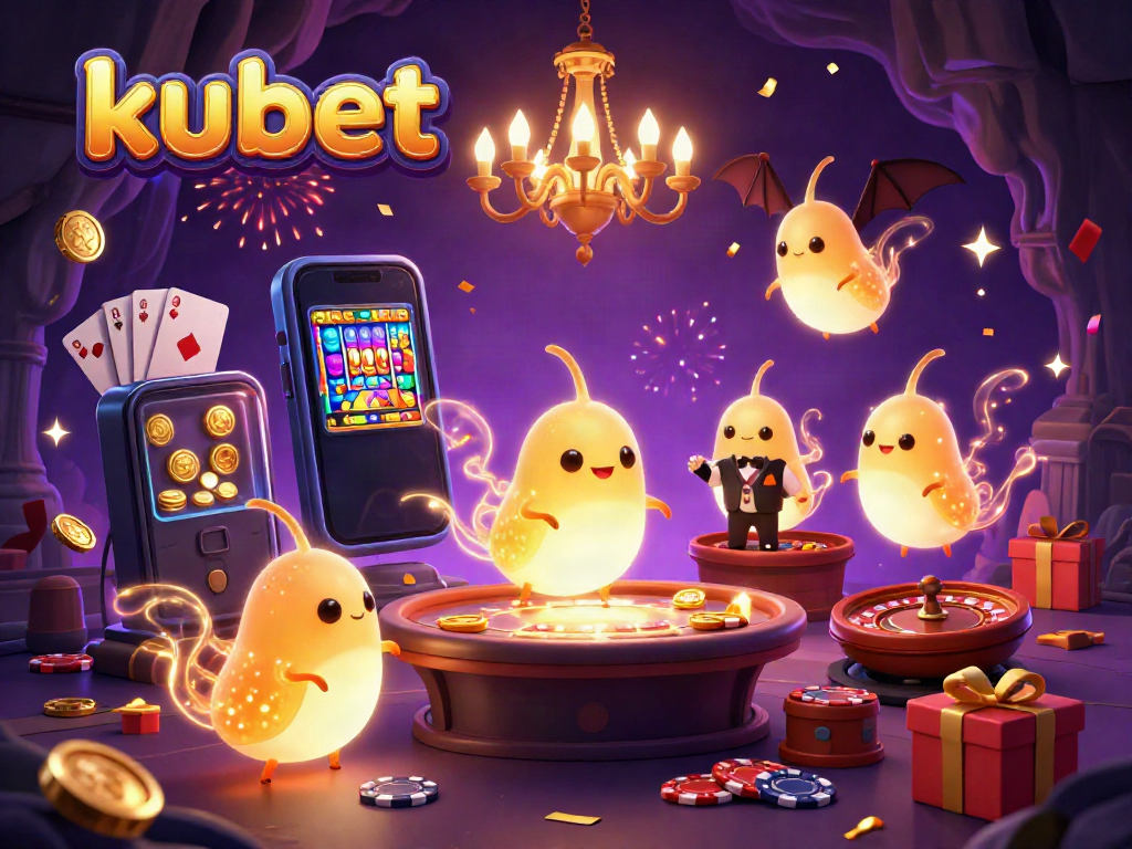 Engage in thrilling gaming at Kubet with animated glowworms illuminating a vibrant casino scene.