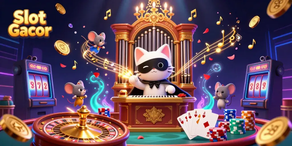 Slot Gacor menampilkan kucing putih berkaca dan mouse akrobat di kasino megah, dengan koin emas dan permata bertebaran.
