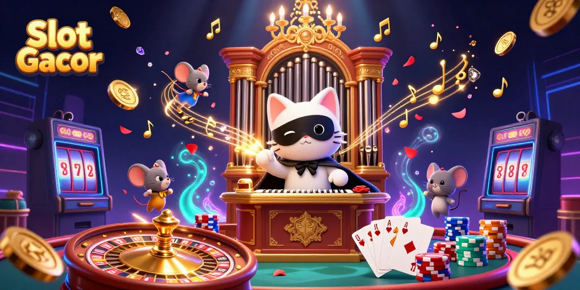 Slot Gacor menampilkan kucing putih berkaca dan mouse akrobat di kasino megah, dengan koin emas dan permata bertebaran.