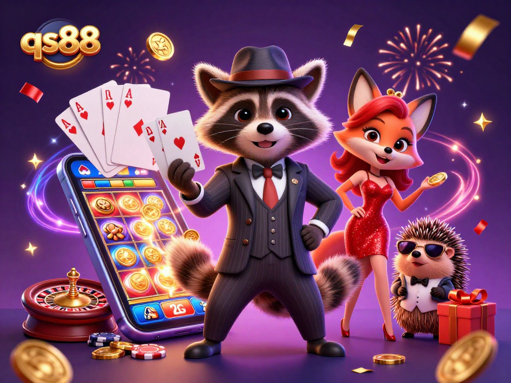 Experience the excitement at qs88 with raccoon dealer, fox companion, and vibrant casino elements.