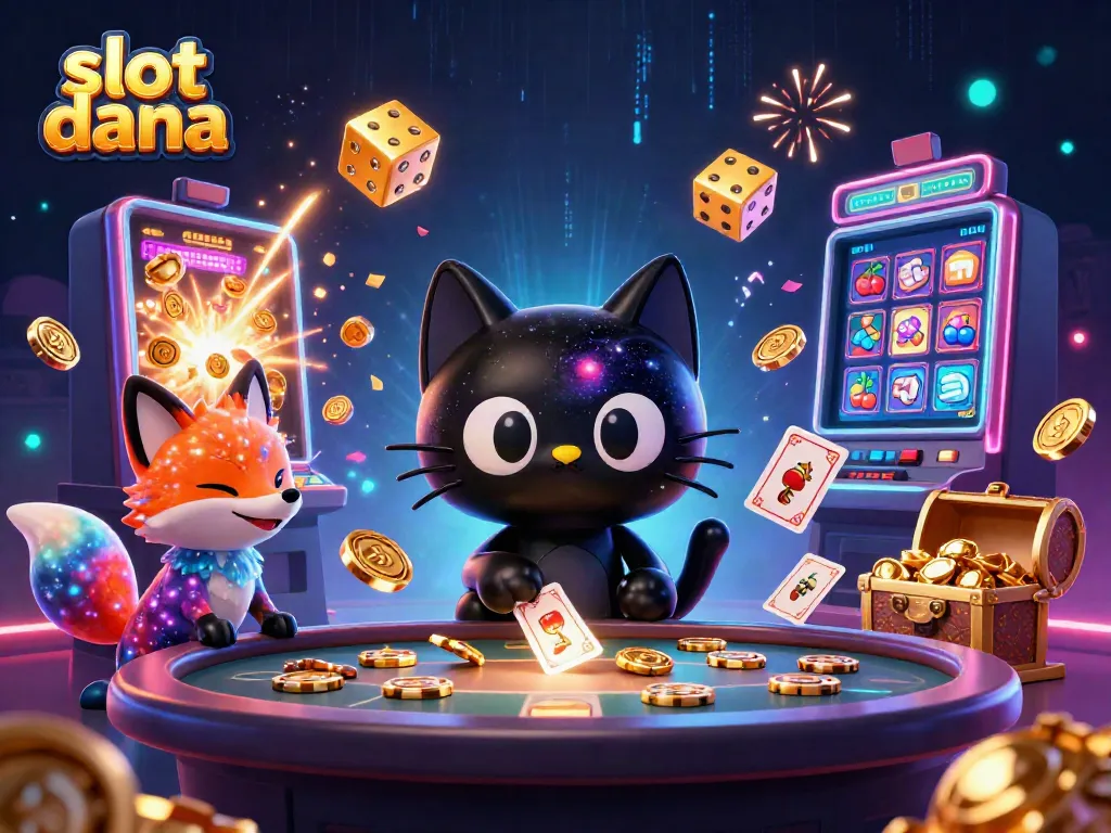 Permainan slot dana yang menampilkan kucing galaksi menarik chip emas dalam suasana kasino yang ceria.