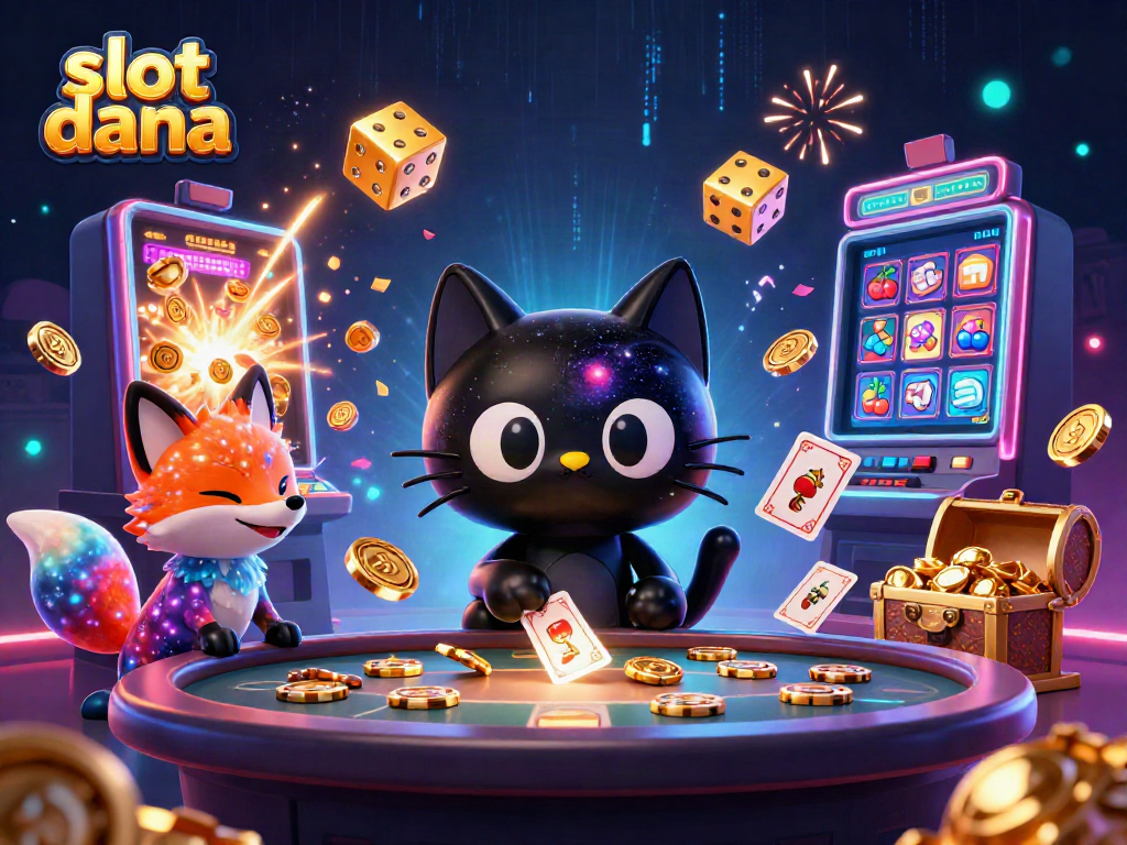 Permainan slot dana yang menampilkan kucing galaksi menarik chip emas dalam suasana kasino yang ceria.