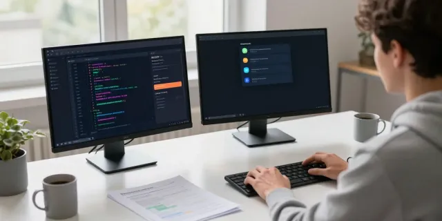 Developer reviewing 2113 Apps on dual monitors in a tech workspace.
