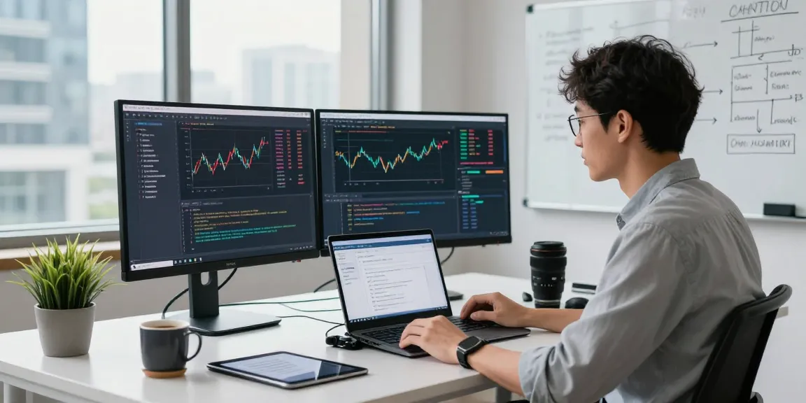 Developer using index WebSocket streaming API in modern office, with dual monitors showing market data and innovative coding.
