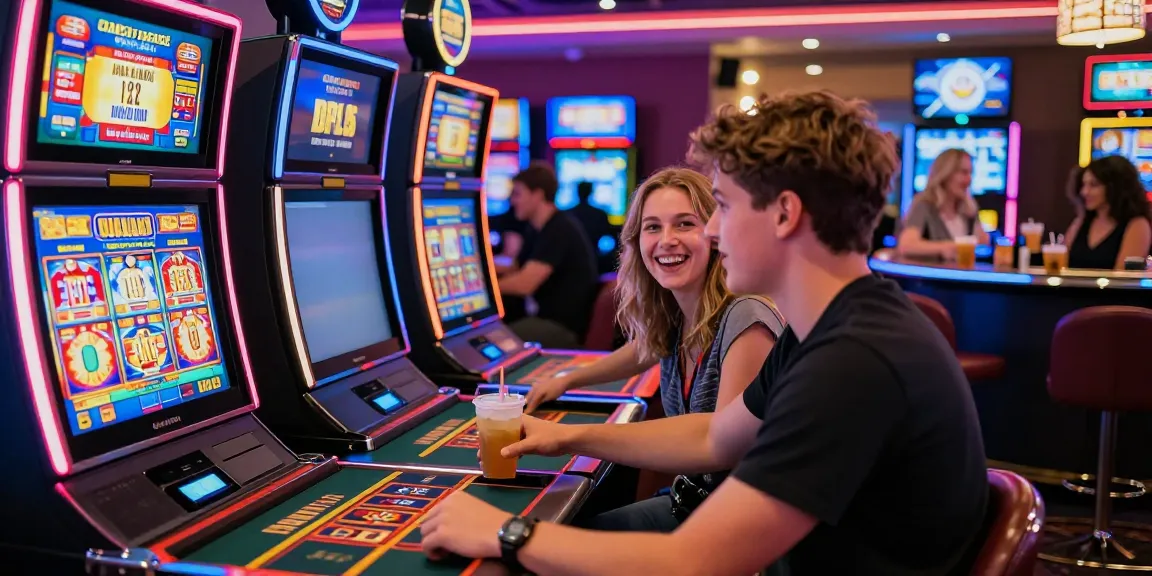 Players enjoying a lively credit card casino experience in the UK, filled with excitement and vibrant lighting.