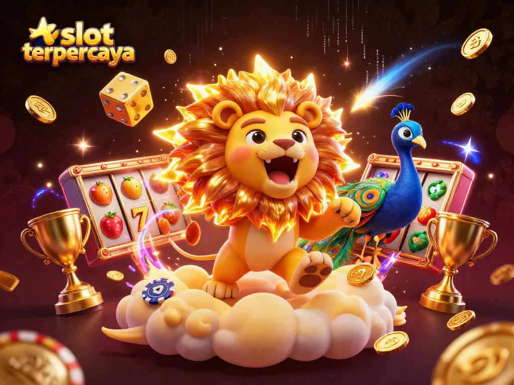 Slot terpercaya dengan raja singa cartoon, gulungan slot, dan jackpot bersinar yang mengelilinginya.