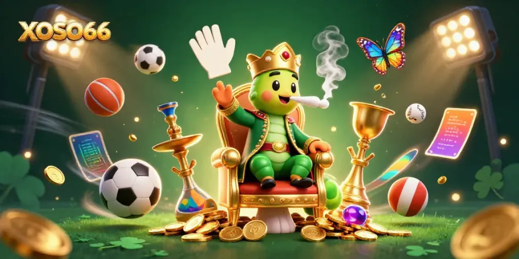 XOSO66 captivating online gambling scene with a cartoon caterpillar master and dynamic sports elements.