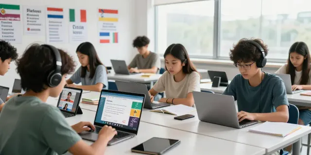 Students learning English online with interactive tools and resources in a bright, modern classroom.