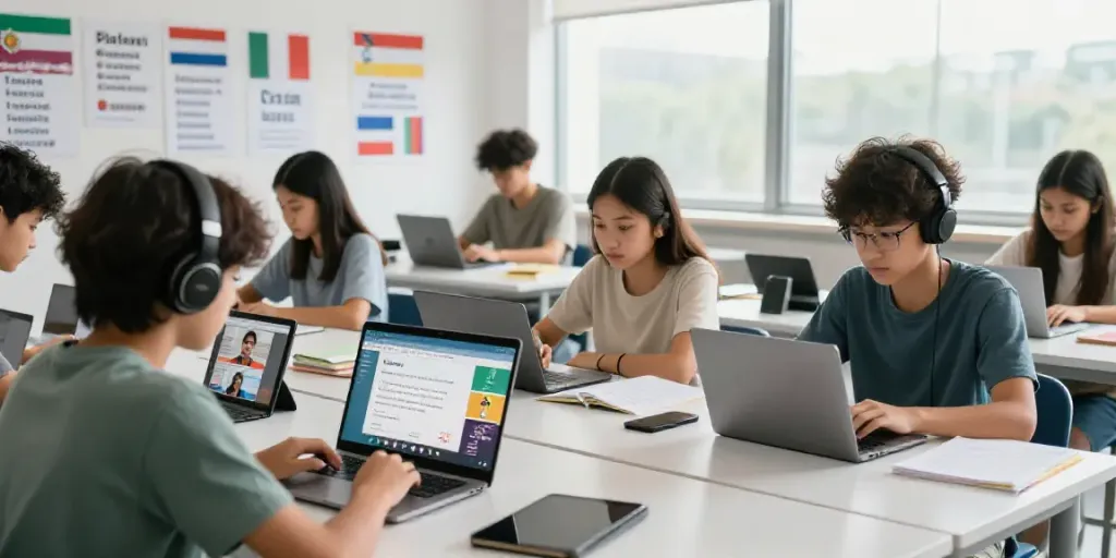 Students learning English online with interactive tools and resources in a bright, modern classroom.
