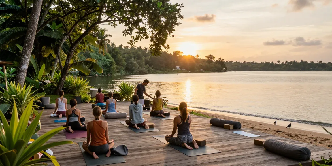 Yoga retreat Sri Lanka at Lanka Yoga, students practicing Vinyasa by the serene lake at sunset.