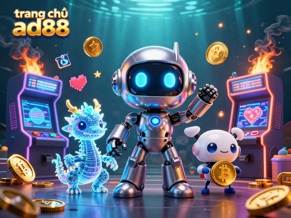 Engage with the vibrant gaming world of trang chủ ad88 featuring a cyberpunk robot and holographic elements.