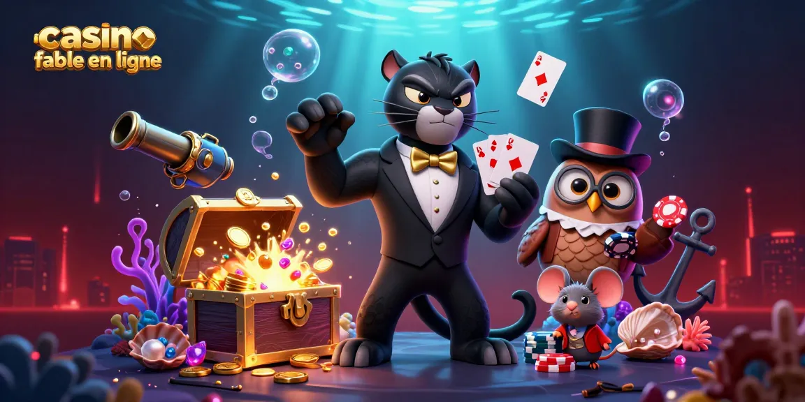 Illustration dynamique de casino fiable en ligne avec un panthère en costume, une chouette avec des jetons de poker et une souris chanceuse parmi des éléments de jeu.