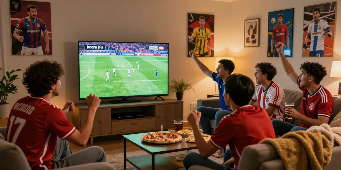 Soccer fans enjoying koora live in a cozy living room during an exciting match.