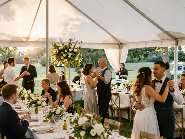 Event rentals transforming a wedding reception with elegant decor and joyful guests during sunset.