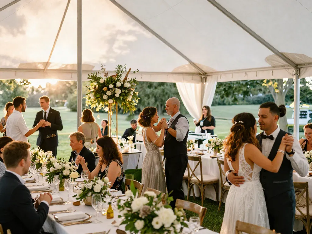 Event rentals transforming a wedding reception with elegant decor and joyful guests during sunset.
