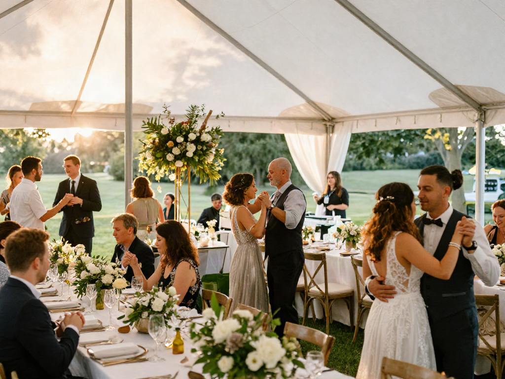 Event rentals transforming a wedding reception with elegant decor and joyful guests during sunset.