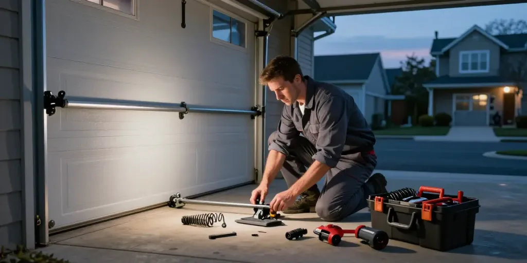 After hours garage door repair with technician inspecting door components in suburban garage