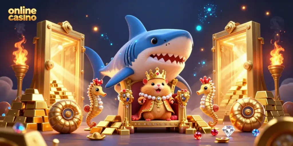 Experience the excitement of the online casino with the golden hamster king on a megalodon tooth throne.