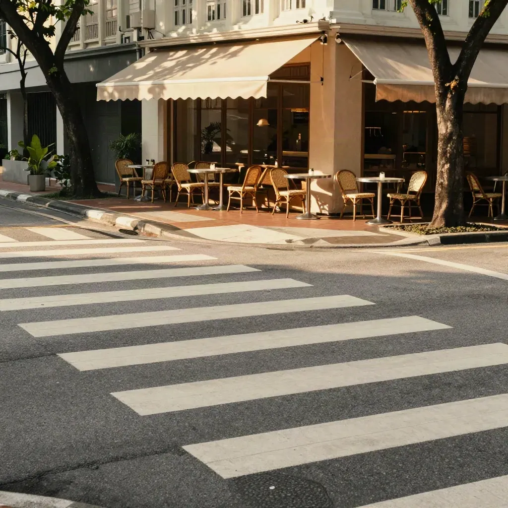 Singapore crosswalk beside café frontage and trees in warm morning light.
