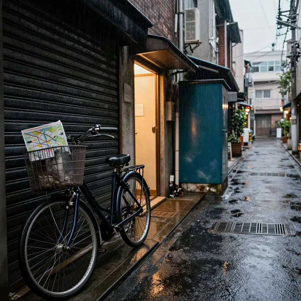 Rainy Tokyo alley with black shutters, stacked bicycles, and a glowing doorway.