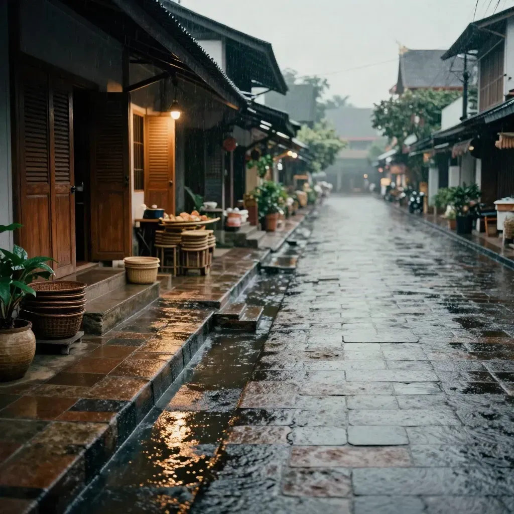 Rain-slick Chiang Mai lane with steps, shophouses, baskets, and a misty temple roofline.