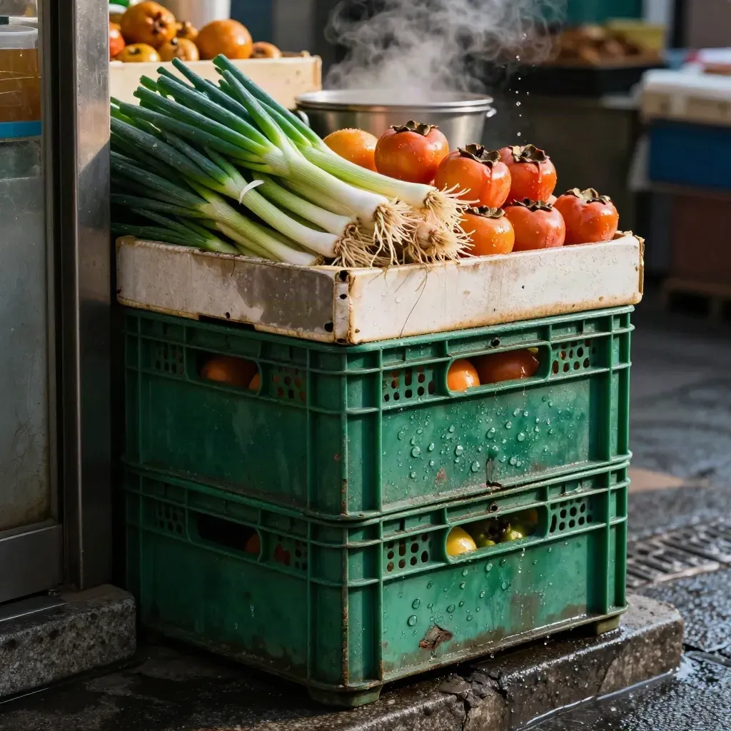 Wet produce crates and steam at a Seoul market station entrance.