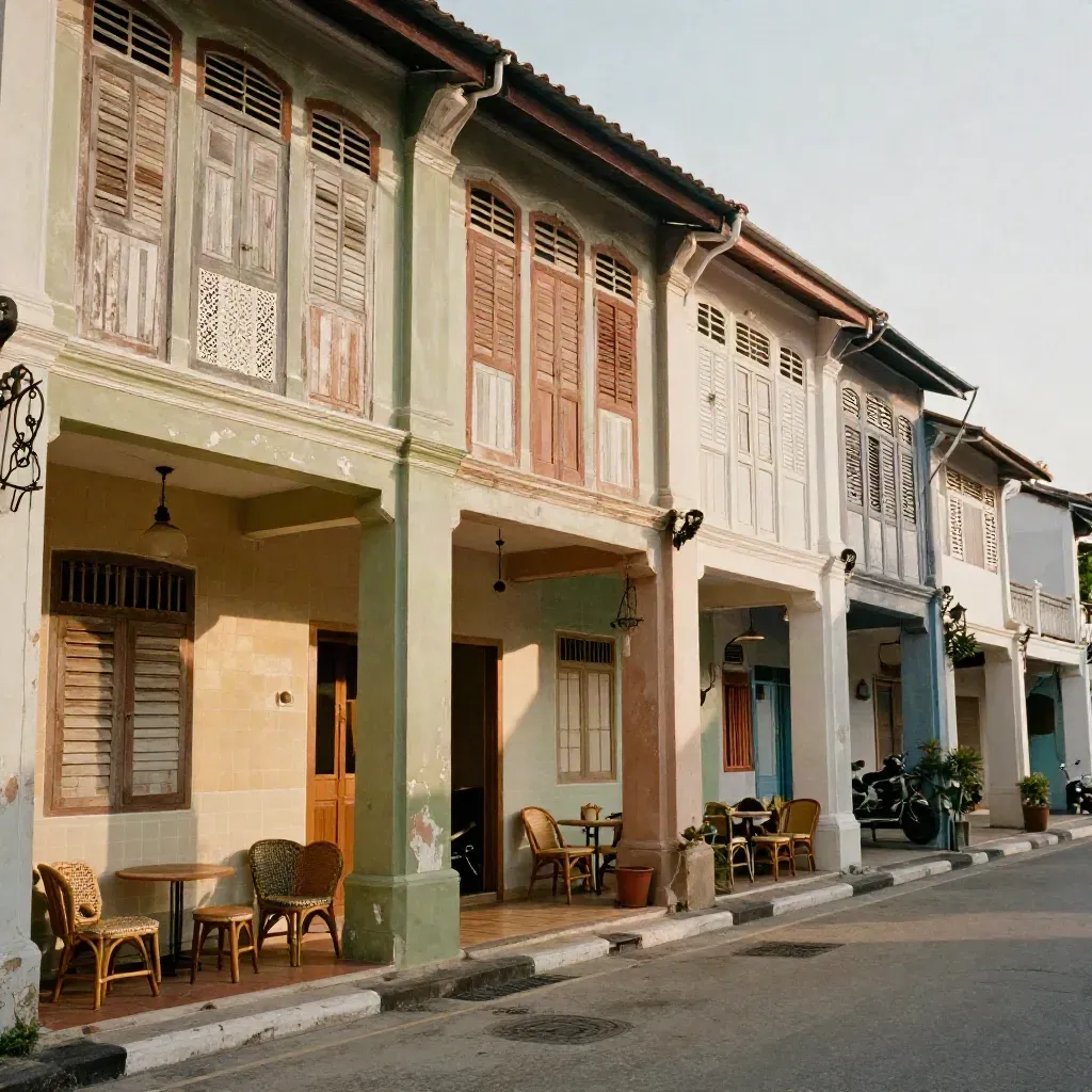 Pastel Penang shophouses along a sunlit heritage street with a coffee stop doorway