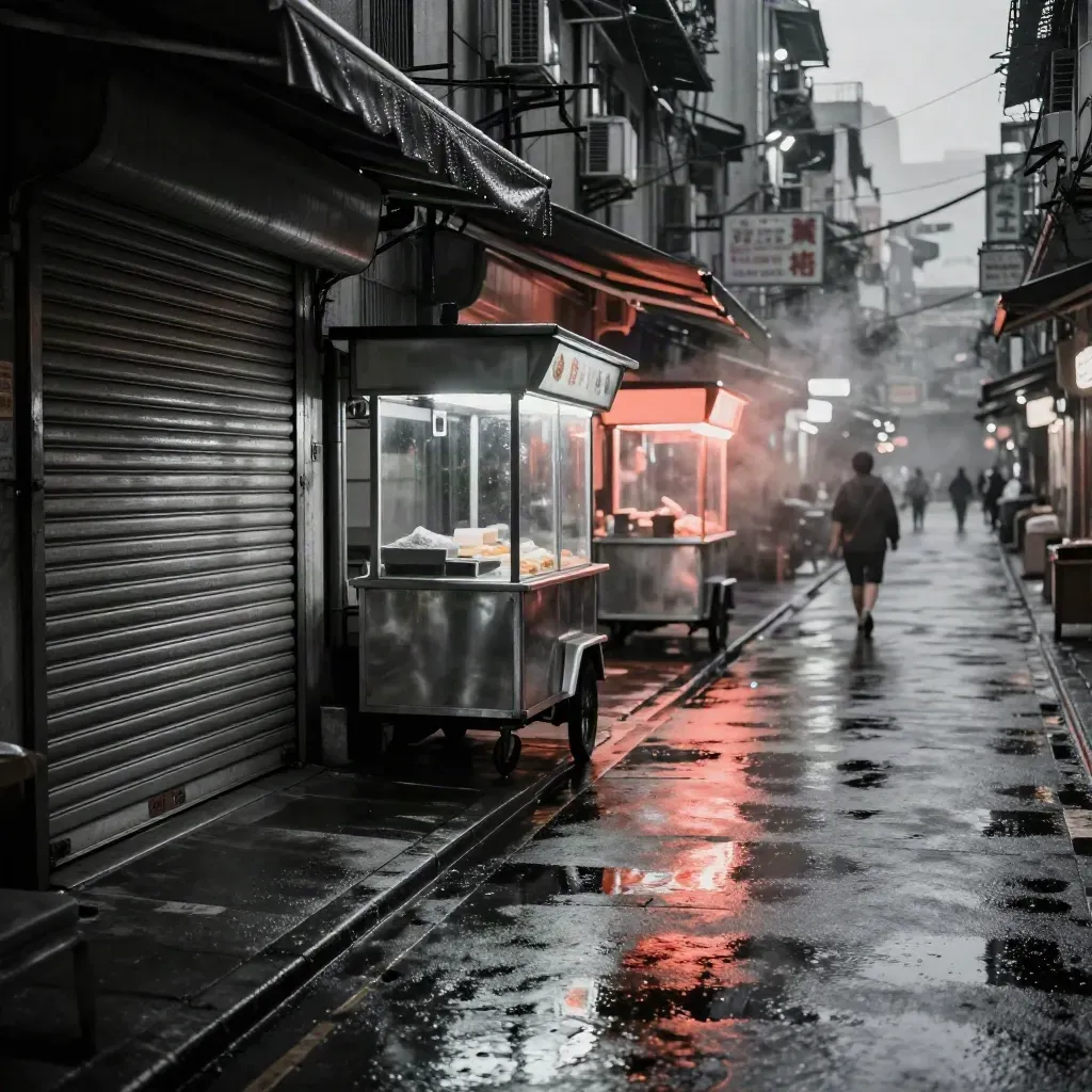 Neon Taipei side street after dinner with wet pavement, closed dessert carts, and coral reflections