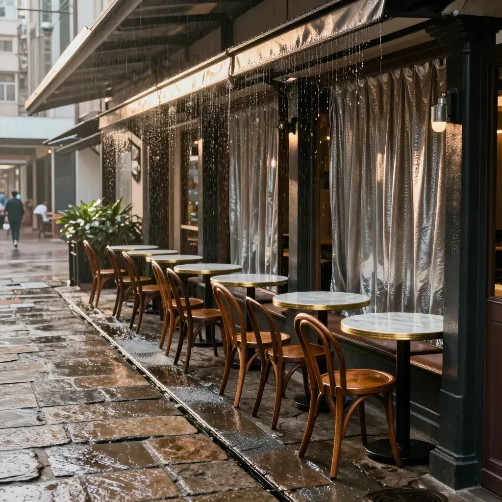 Covered Hong Kong arcade in rain with dry stone paving, café terrace, and misty late-afternoon light.