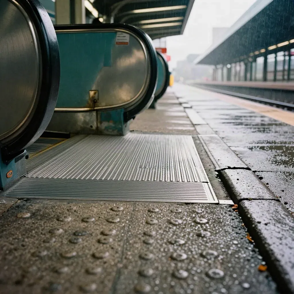 Wet station exit details, escalator rails and tactile paving opening to a market lane.