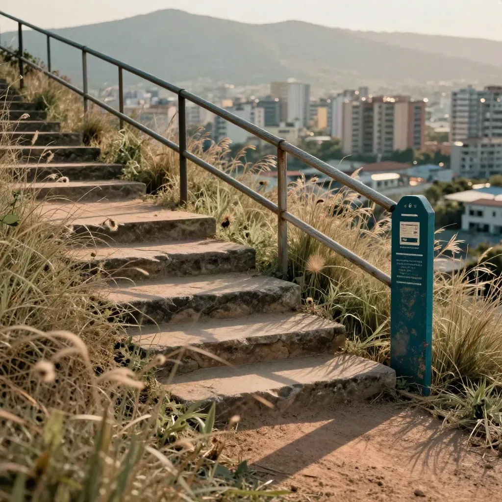 Stone steps climb a windy ridge above the city with hazy buildings below.